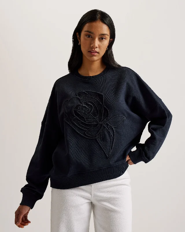 Lotiss Embroidered Burnout Graphic Sweatshirt Navy Hoodie with V-Neck Classic Versatile