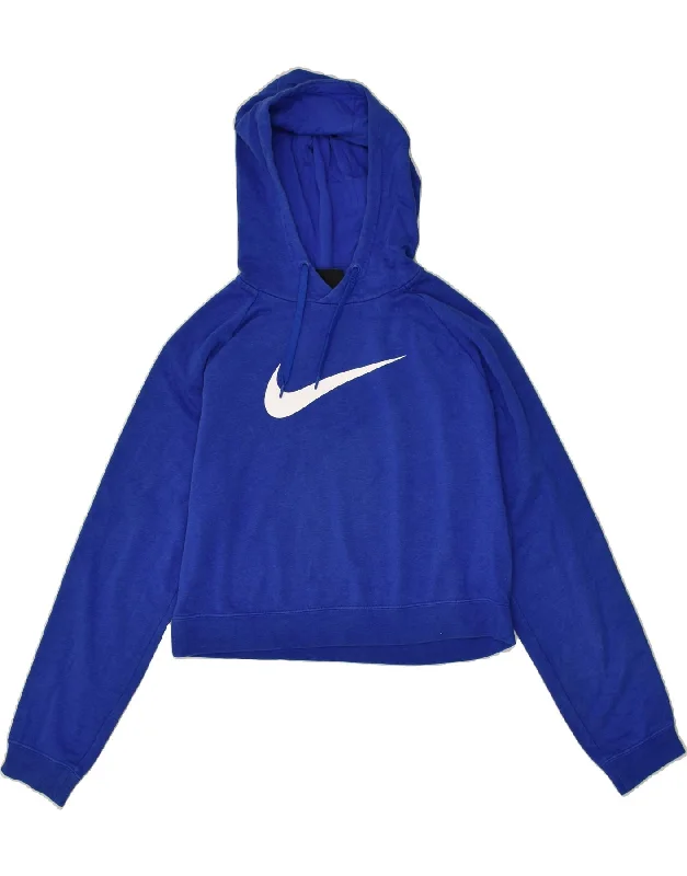 NIKE Womens Crop Graphic Hoodie Jumper UK 14 Medium Blue Cotton Hoodie with Toggle Buttons Decorative Unique