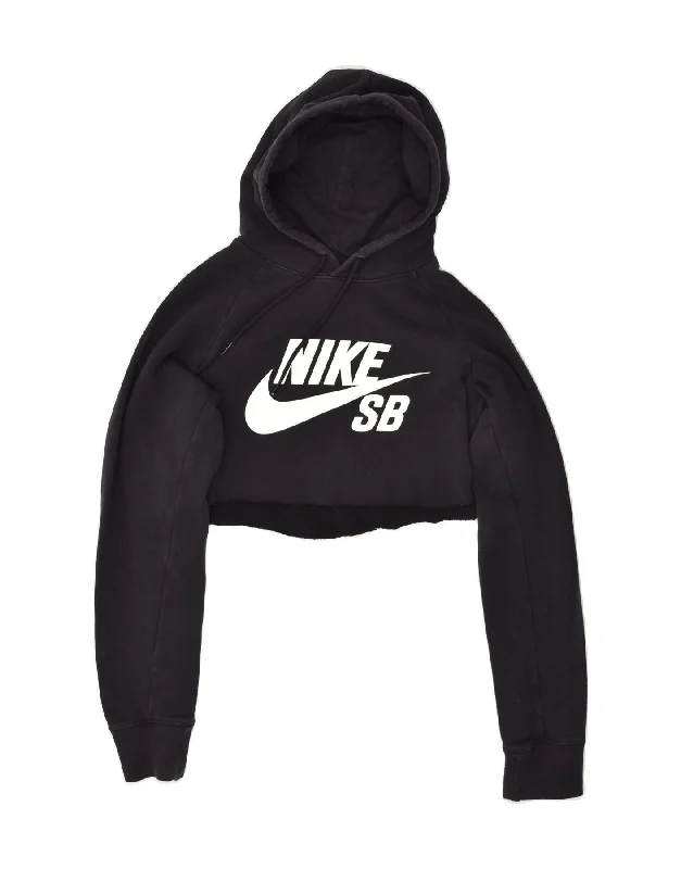 NIKE Womens Crop Hoodie Jumper UK 14 Medium Black Hoodie with Raglan Sleeves Sporty Comfortable