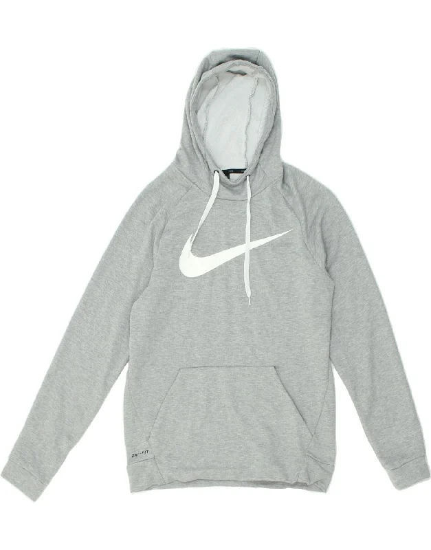 NIKE Womens Dri Fit Oversized Graphic Hoodie Jumper UK 10 Small Grey Hoodie with Hem Raw Edge Edgy Unfinished