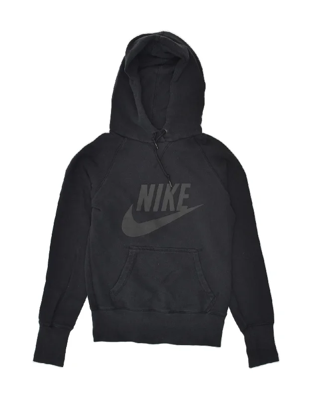 NIKE Womens Graphic Hoodie Jumper UK 10 Small Black Cotton Hoodie with Double Zipper Versatile Adjustable