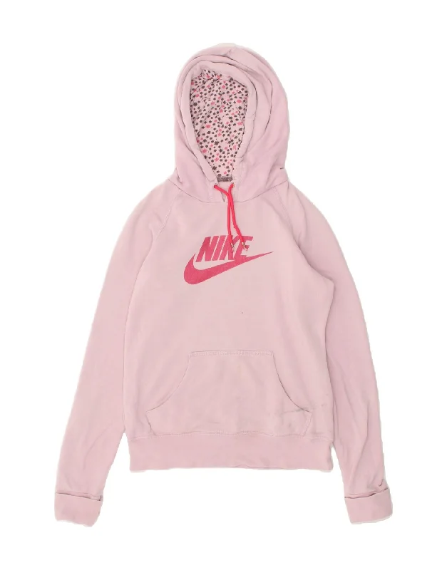 NIKE Womens Graphic Hoodie Jumper UK 10 Small Pink Cotton Hoodie Crop Top Short Trendy