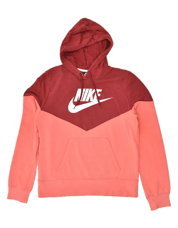 NIKE Womens Graphic Hoodie Jumper UK 14 Medium Pink Colourblock Cotton Hoodie with Relaxed Fit Easy Casual