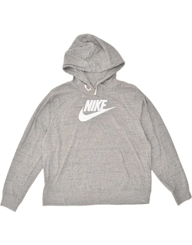 NIKE Womens Graphic Hoodie Jumper UK 16 Large Grey Cotton Hoodie with Ribbed Hem Stretchable Secure