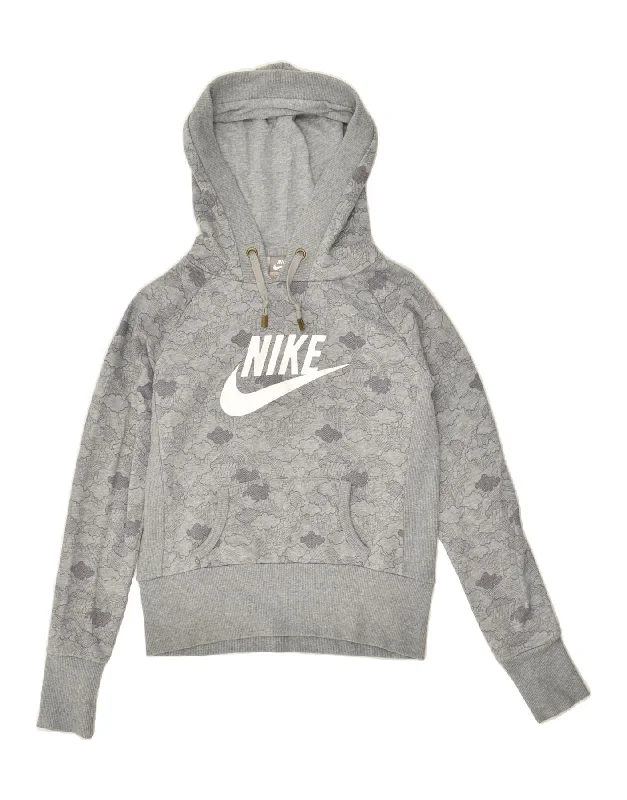 NIKE Womens Graphic Hoodie Jumper UK 6/8 Small Grey Hoodie with Rolled Sleeves Casual Relaxed