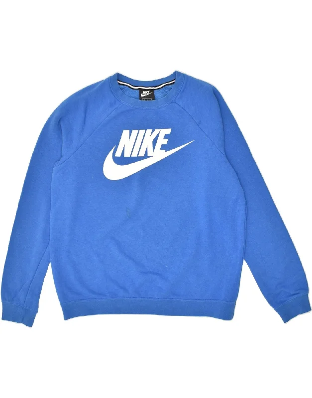 NIKE Womens Graphic Sweatshirt Jumper UK 14 Medium Blue Cotton Hoodie with Back Slit Movement Comfort