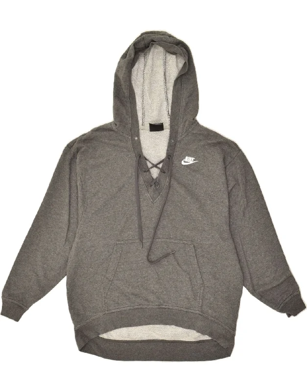 NIKE Womens Hoodie Jumper UK 10 Small Grey Cotton Hoodie with Ribbed Neckline Snug Warm