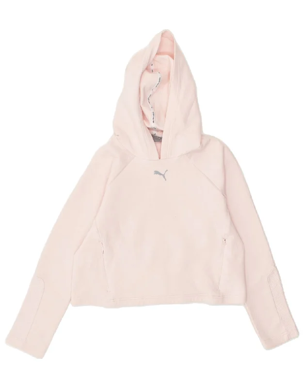 PUMA Womens Crop Hoodie Jumper UK 10 Small Pink Cotton Hoodie with Hem Patch Decorative Personalized