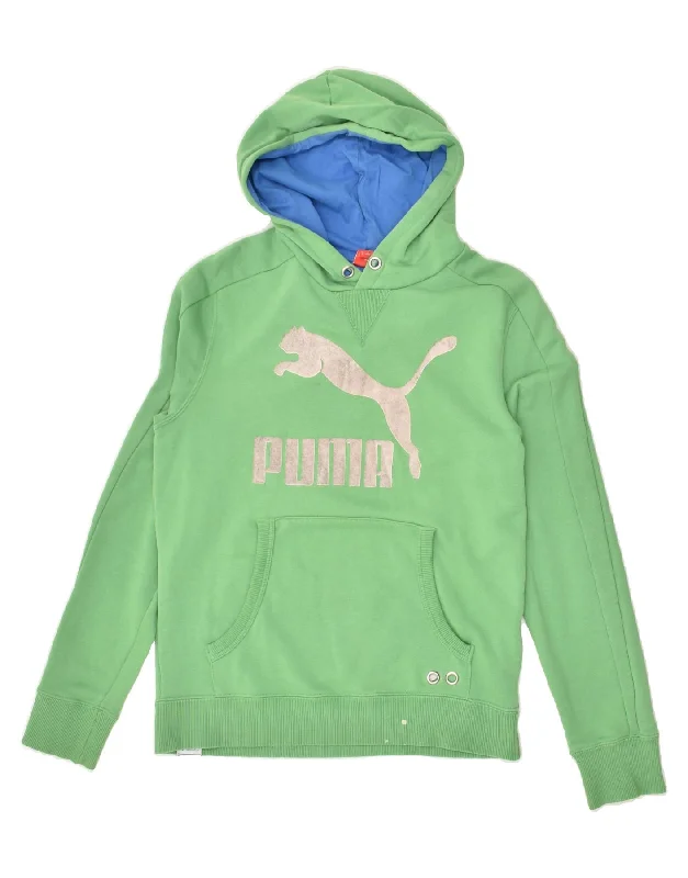 PUMA Womens Graphic Hoodie Jumper UK 10 Small Green Cotton Hoodie with Pocket Utility Practical