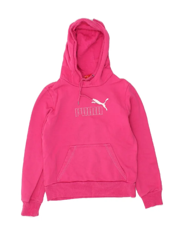 PUMA Womens Graphic Hoodie Jumper UK 10 Small  Pink Cotton Hooded Sweatshirt Casual Wear Street Style