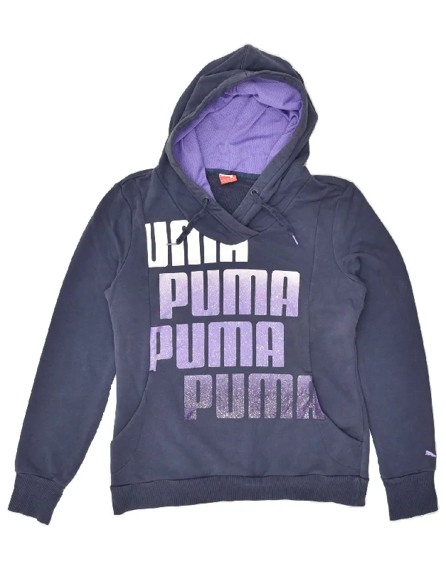 PUMA Womens Graphic Hoodie Jumper UK 14 Large Navy Blue Cotton Hoodie with Longline Fit Extended Stylish