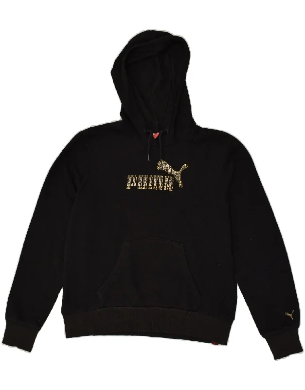 PUMA Womens Graphic Hoodie Jumper UK 16 Large  Black Cotton Hoodie with Full-Zip Functional Layering