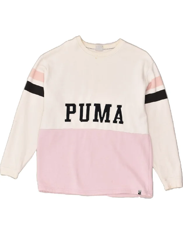 PUMA Womens Graphic Sweatshirt Jumper UK 10 Small White Colourblock Cotton Hoodie with Stripes Bold Sporty