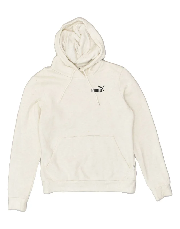 PUMA Womens Hoodie Jumper UK 10 Small Off White Cotton Hoodie with Drawstring Waist Adjustable Fitted