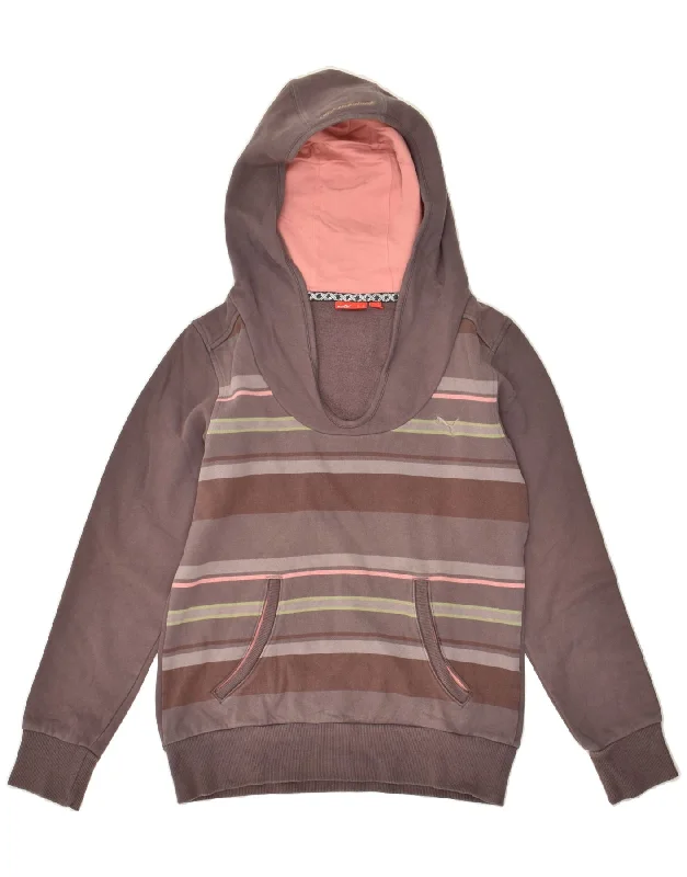 PUMA Womens Hoodie Jumper UK 12 Medium  Brown Striped Cotton Hoodie with Raglan Sleeves Sporty Comfortable