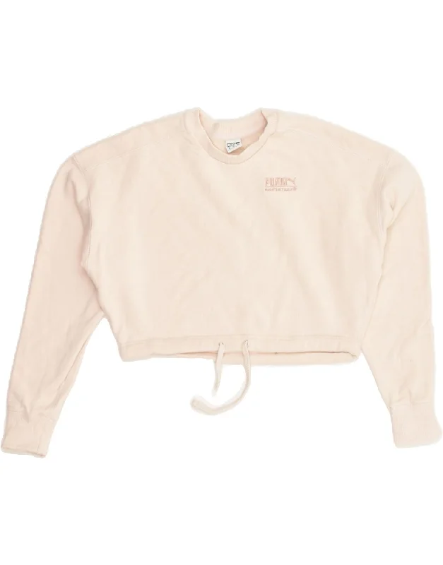 PUMA Womens Oversized Crop Sweatshirt Jumper UK 6 XS Pink Cotton Hoodie with Hem Detail Decorative Unique