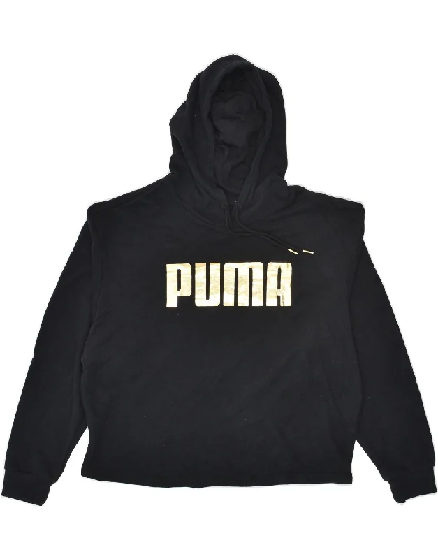 PUMA Womens Oversized Graphic Hoodie Jumper UK 18 XL Black Cotton Hoodie with Exposed Zipper Edgy Industrial