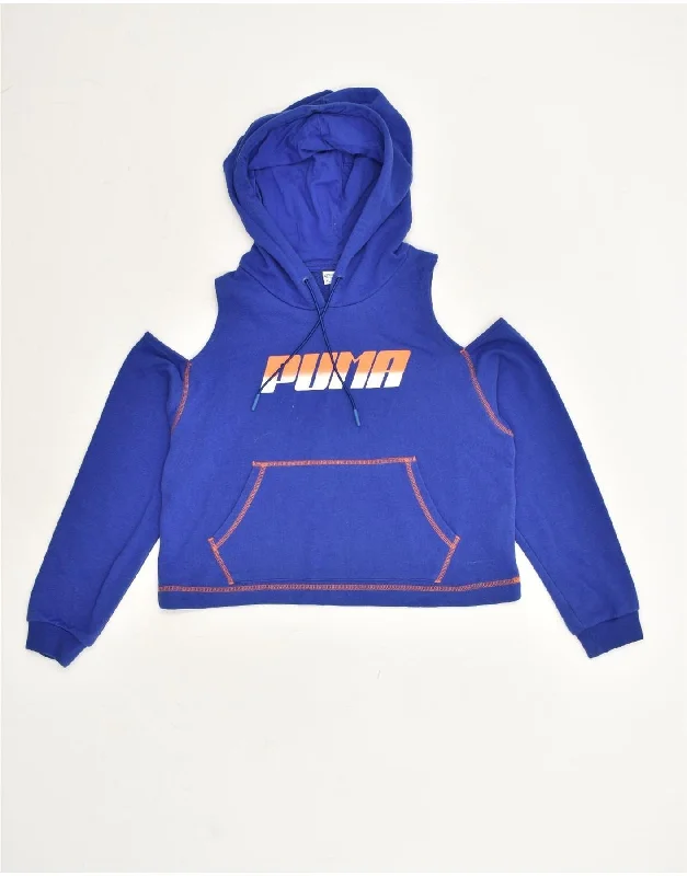 PUMA Womens Oversized Graphic Hoodie Jumper UK 6 XS Blue Cotton Hoodie with Hem Elastic Stretchable Comfortable