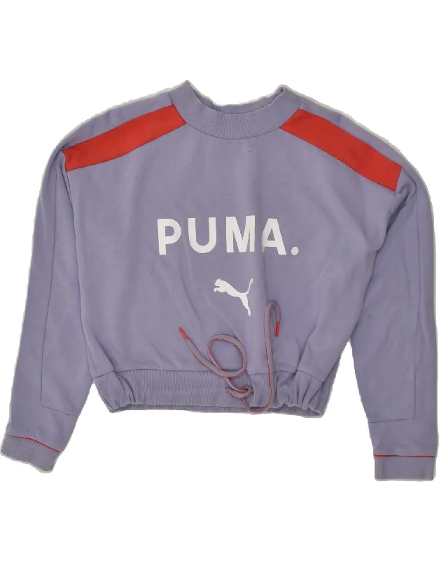 PUMA Womens Oversized Graphic Sweatshirt Jumper UK 6 XS Purple Cotton Hoodie with Neon Bright Vibrant