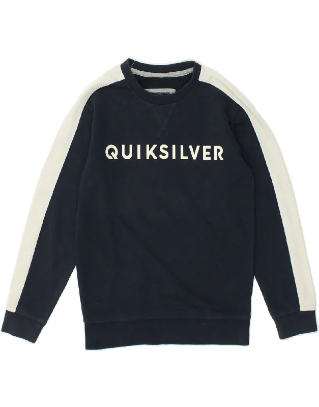 QUIKSILVER Womens Graphic Sweatshirt Jumper UK 6 XS Navy Blue Cotton Hoodie with Hem Frayed Vintage Worn