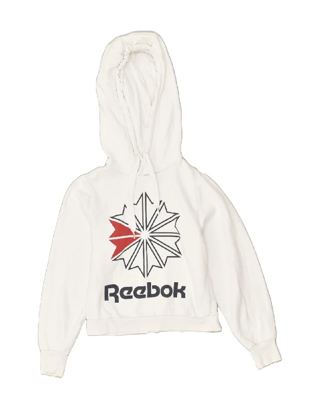 REEBOK Womens Graphic Hoodie Jumper UK 4- 6 XS White Cotton Hoodie with Hem Applique Textured Unique