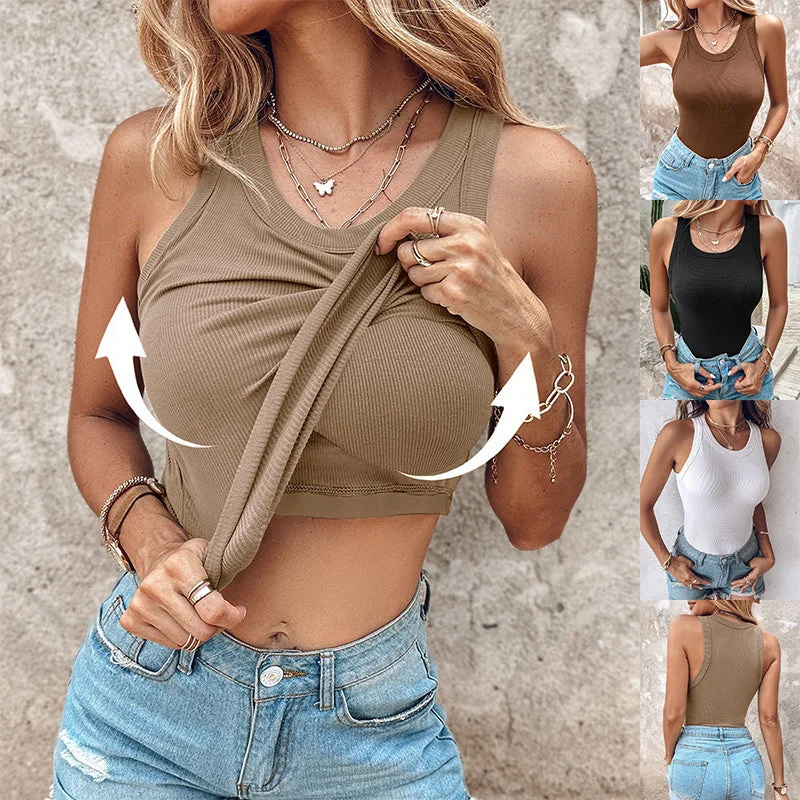 Round Neck Vest With Bra Summer Solid Color Bottom Sleeveless Top Womens Clothing Seamless Bra Design Round Neck Vest With Bra Summer Solid Color Bottom Sleeveless Top Womens Clothing Seamless Bra Design