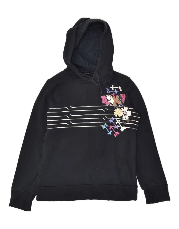 ROXY Womens Graphic Hoodie Jumper UK 14 Large Navy Blue Floral Hoodie with Pattern Geometric Abstract