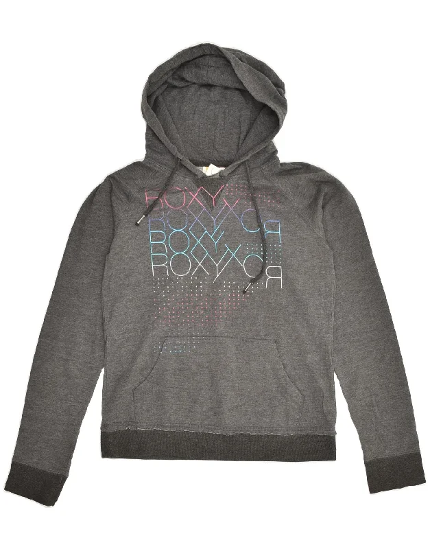 ROXY Womens Graphic Hoodie Jumper UK 14 Medium Grey Cotton Hoodie with Typography Text Message