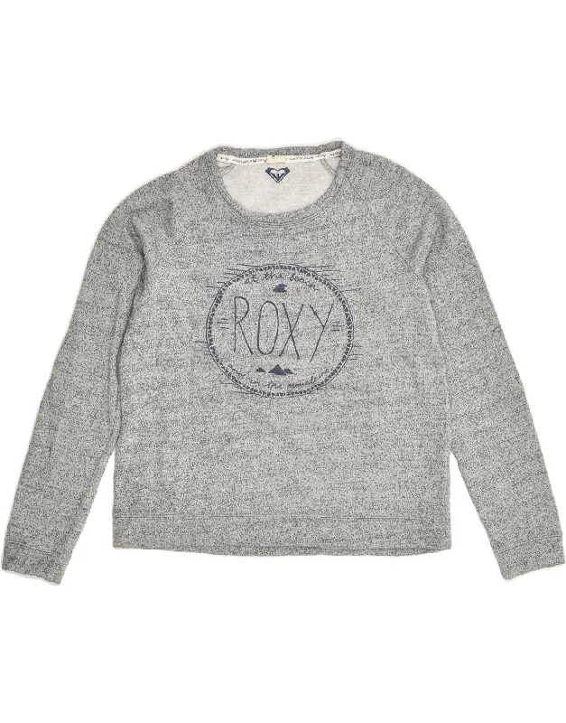 ROXY Womens Graphic Sweatshirt Jumper UK 14 Medium Grey Flecked Cotton Hoodie with Applique Textured Unique