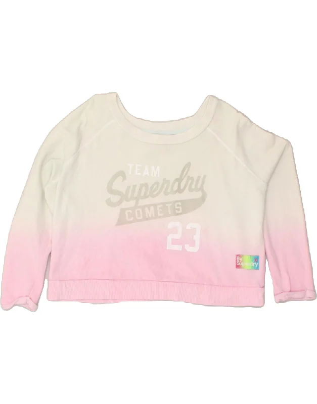 SUPERDRY Womens Crop Graphic Sweatshirt Jumper UK 6 XS White Colourblock Hoodie with Longline Fit Extended Stylish