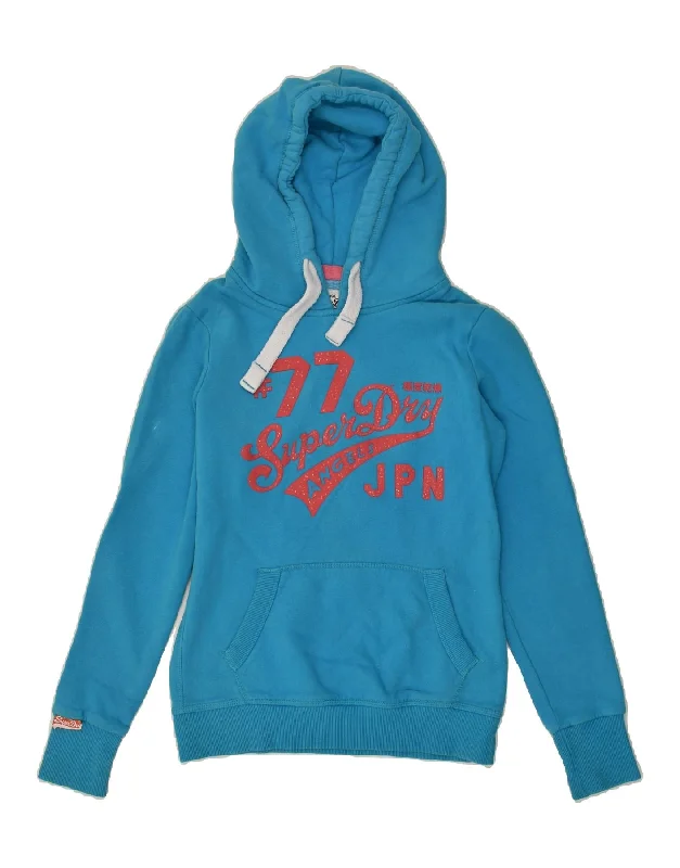 SUPERDRY Womens Graphic Hoodie Jumper UK 10 Small Blue Cotton Hoodie with Hem Applique Textured Unique