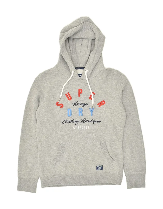 SUPERDRY Womens Graphic Hoodie Jumper UK 10 Small Grey Cotton Hoodie with Embroidery Detailed Premium