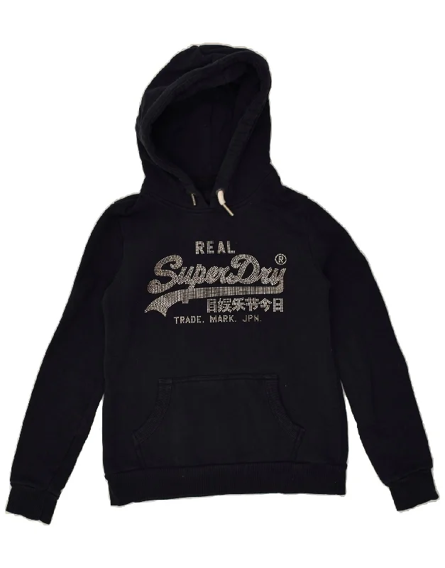 SUPERDRY Womens Graphic Hoodie Jumper UK 10 Small Navy Blue Cotton Hoodie with Hem Ribbing Snug Secure