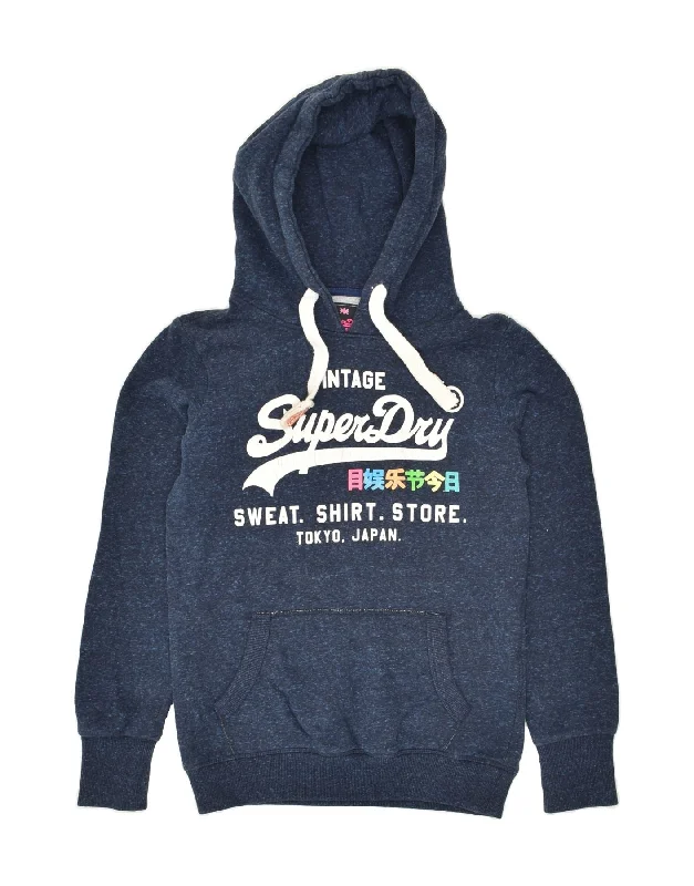 SUPERDRY Womens Graphic Hoodie Jumper UK 10 Small Navy Blue Flecked Cotton Hoodie with Ribbed Cuffs Snug Fit Comfort