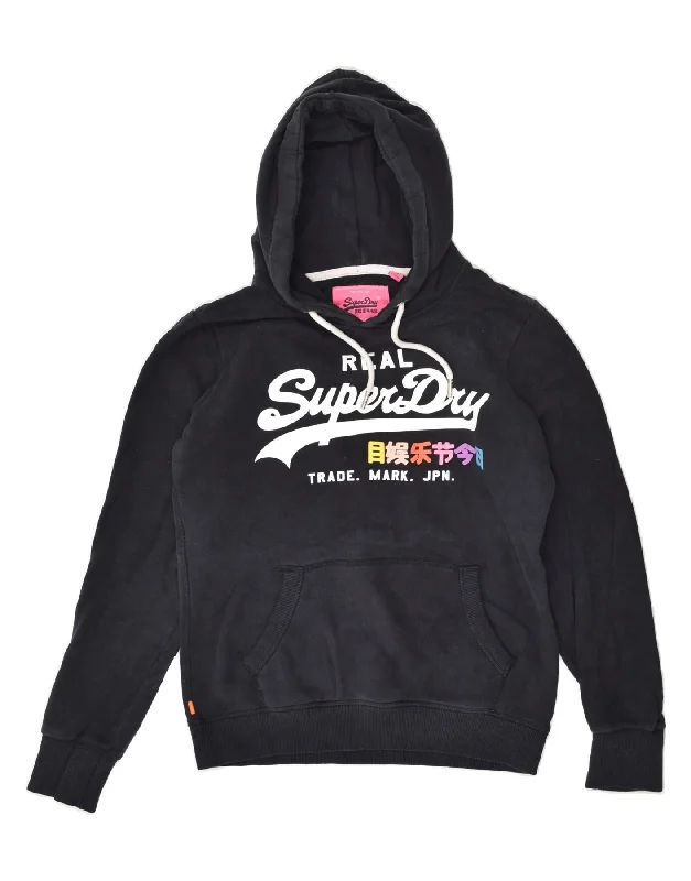 SUPERDRY Womens Graphic Hoodie Jumper UK 12 Medium  Black Cotton Hoodie with Back Slit Movement Comfort