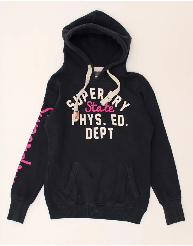 SUPERDRY Womens Graphic Hoodie Jumper UK 12 Medium Navy Blue Cotton Hoodie with Pastel Soft Subtle