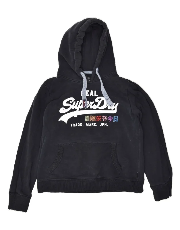 SUPERDRY Womens Graphic Hoodie Jumper UK 14 Large Navy Blue Cotton Hoodie with Hem Drawcord Adjustable Customizable