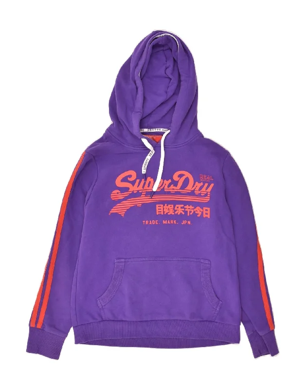 SUPERDRY Womens Graphic Hoodie Jumper UK 14 Large Purple Cotton Hoodie with Bell Sleeves Flared Feminine