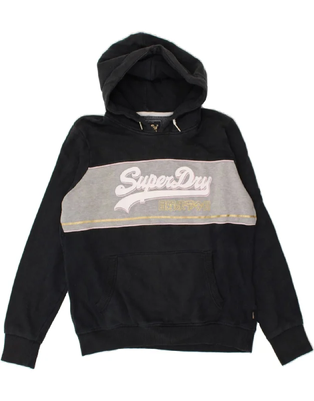 SUPERDRY Womens Graphic Hoodie Jumper UK 16 Large  Black Colourblock Hoodie with Contrast Stitching Detailed Premium