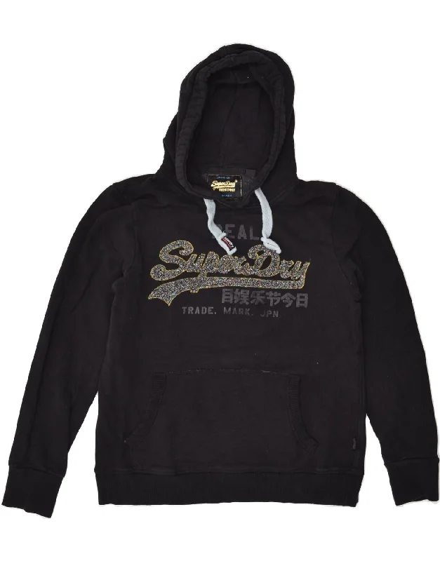 SUPERDRY Womens Graphic Hoodie Jumper UK 16 Large  Black Cotton Hoodie with Slit Hem Functional Movement