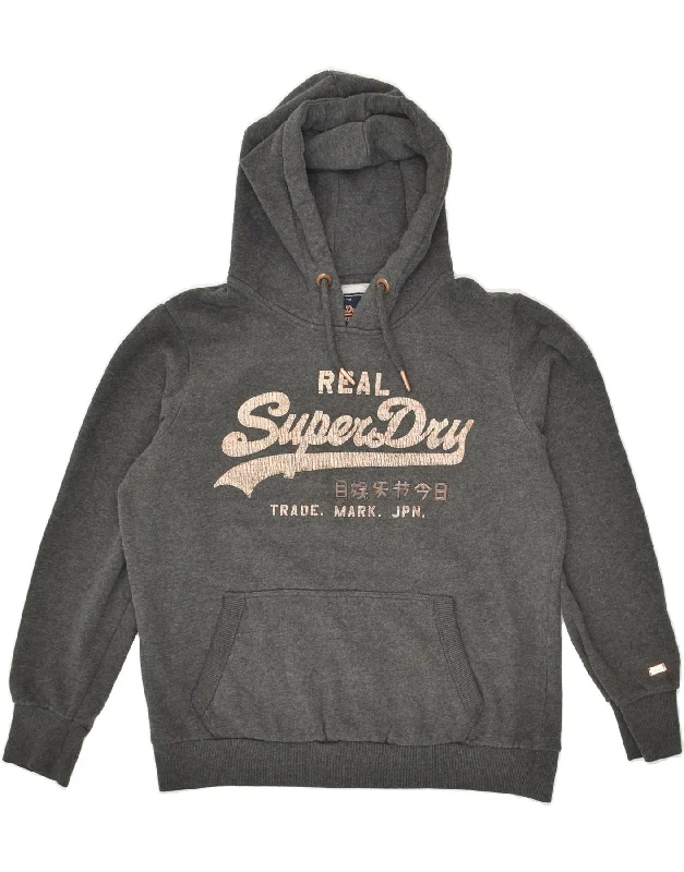 SUPERDRY Womens Graphic Hoodie Jumper UK 16  Large Grey Cotton Hoodie with Ribbed Hem Stretchable Secure