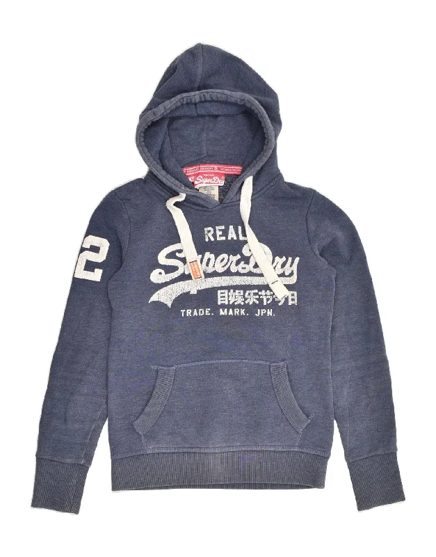 SUPERDRY Womens Graphic Hoodie Jumper UK 6 XS Navy Blue Cotton Hoodie with Thumb Holes Functional Cozy