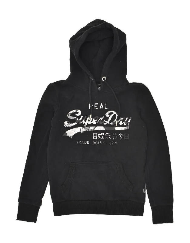 SUPERDRY Womens Graphic Hoodie Jumper UK 8 Small Black Cotton Hoodie with Thumb Holes Functional Cozy