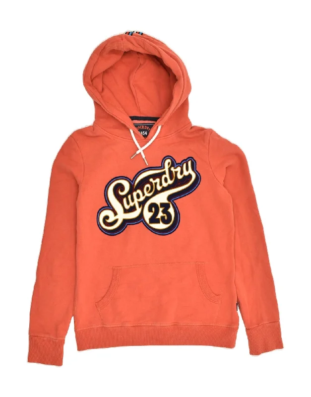 SUPERDRY Womens Graphic Hoodie Jumper UK 8 Small Orange Cotton Hoodie with Patch Decorative Personalized