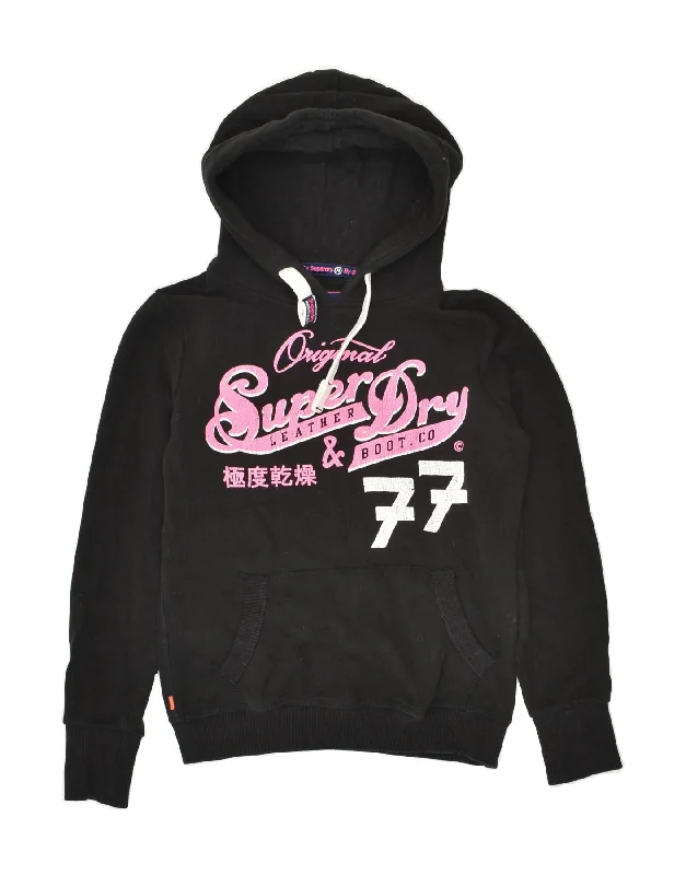 SUPERDRY Womens Vintage Graphic Hoodie Jumper UK 10 Small Black Cotton Hoodie with Patch Decorative Personalized