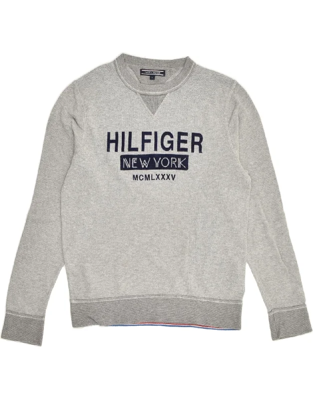 TOMMY HILFIGER Womens Graphic Sweatshirt Jumper UK 10 Small Grey Cotton Hoodie with V-Neck Classic Versatile