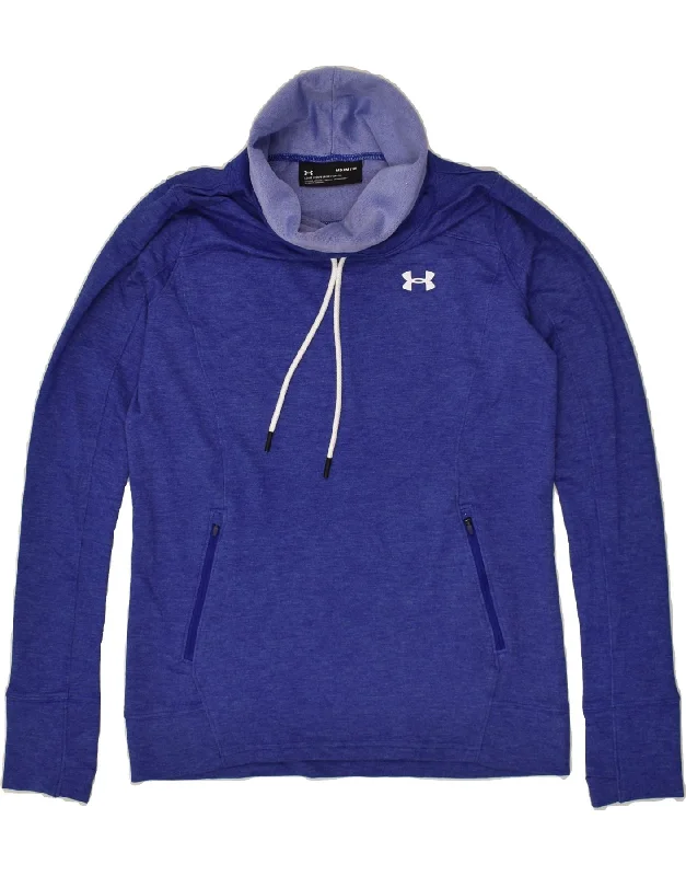 UNDER ARMOUR Womens Sweatshirt Jumper UK 14 Medium Blue Polyester Hoodie with High-Low Hem Asymmetrical Trendy