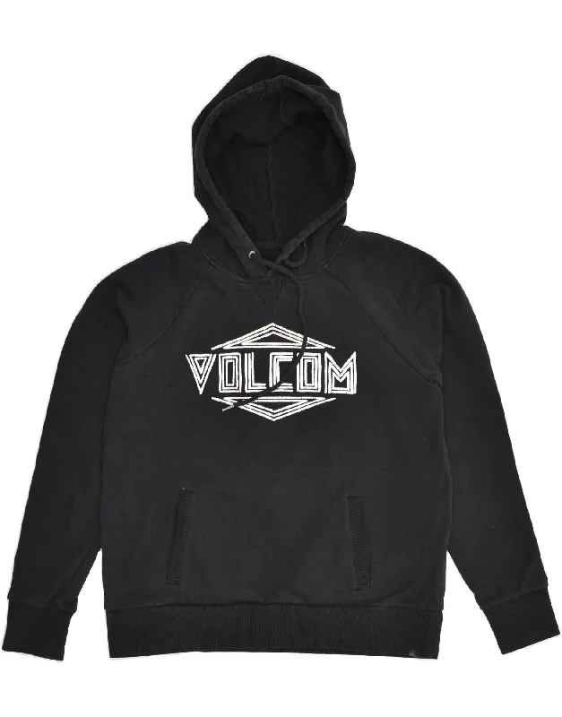 VOLCOM Womens Graphic Hoodie Jumper UK 14 Large Black Cotton Hoodie with Cropped Fit Short Trendy