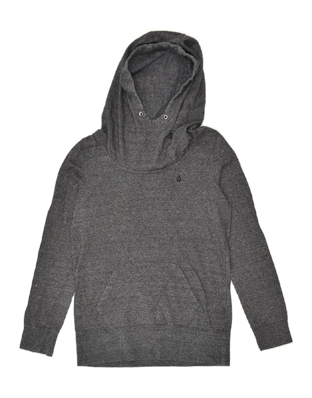 VOLCOM Womens Hoodie Jumper UK 12 Medium Grey Cotton Hoodie with Hem Elastic Stretchable Comfortable