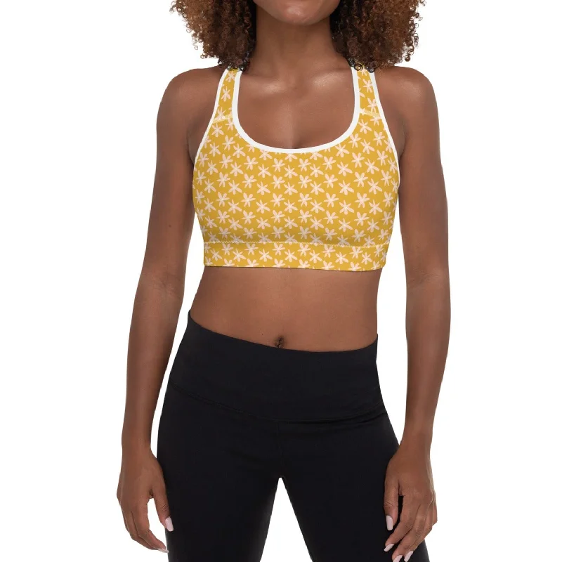 Women's 70s Vintage Sports Bra for Yoga, Active Workouts XS-2XL - Yellow Daisies Soft Mesh Bra